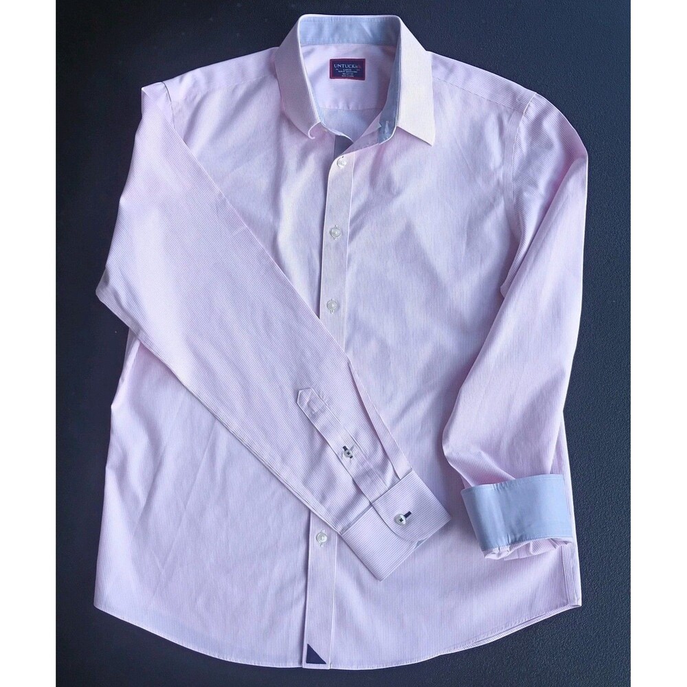 UNTUCKit Douro Dress Shirt Mens Large Pink Cotton Striped Wrinkle Free Flip Cuff